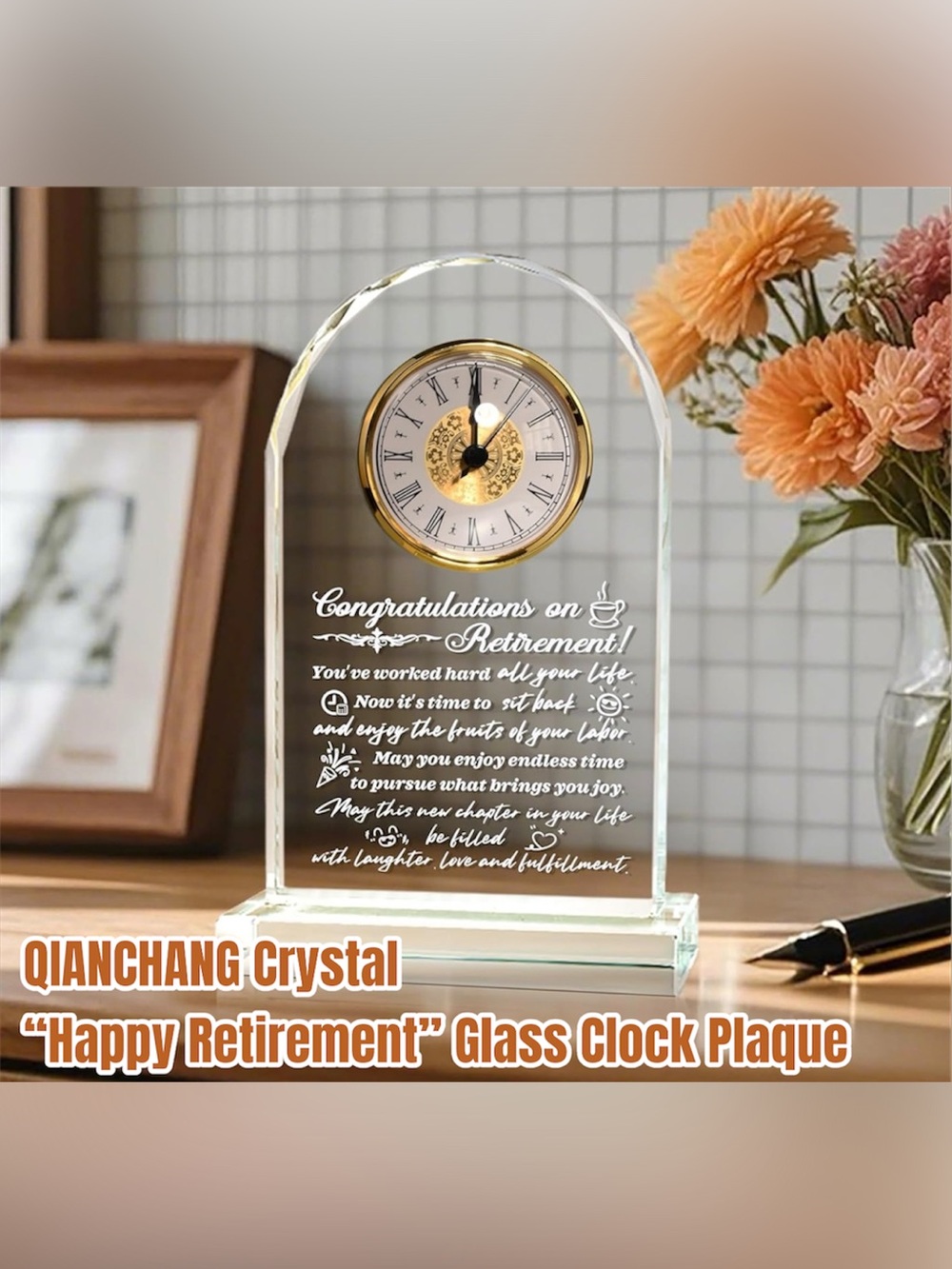 Crystal Happy Retirement Glass Clock Plaque - Clear